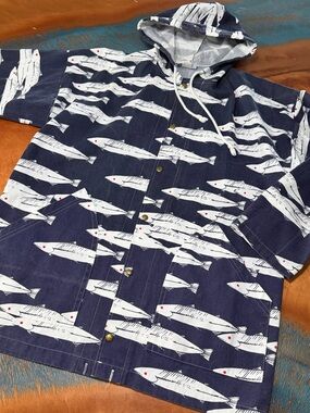 Vintage Michigan Rag Co. Navy Fish-Print Hooded Raincoat small Made in USA